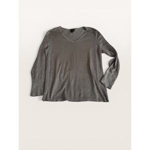 JM Collection Silver Metallic V-Neck Shimmer Knit Sweater Button Cuff Gray Large
